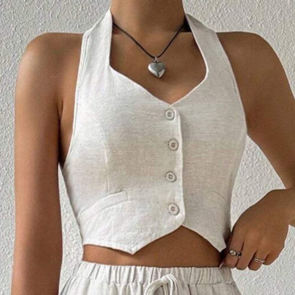 Linen Button Down Halter Crop Top Wide Leg Trouser Pants set - Picture 3 of 5